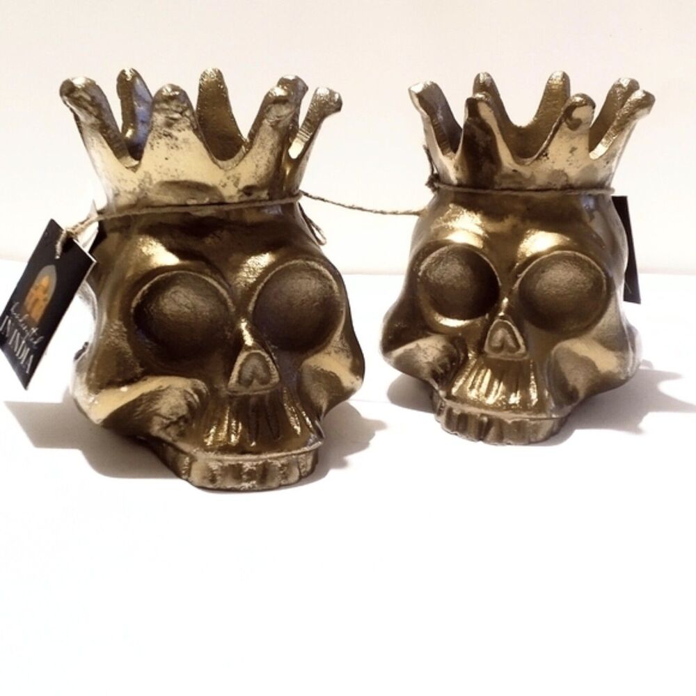 Pair Brass Crowned Skull Candle Holders Gothic Halloween Tea Light Decor